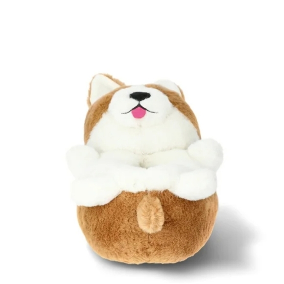 Feetmoji cute white brown tongue out corgi dog fuzzy house slippers - Picture 4 of 11